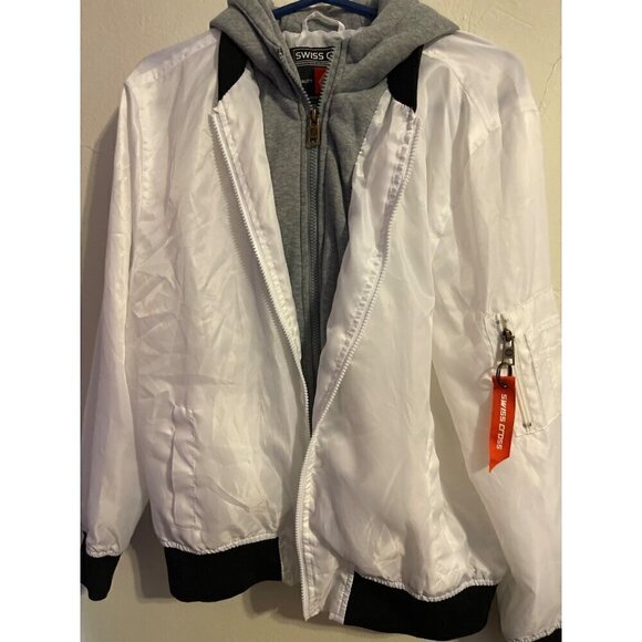 White and Grey Swiss Cross Hoodie Bomber Jacket Size Small NWOT - Picture 5 of 16